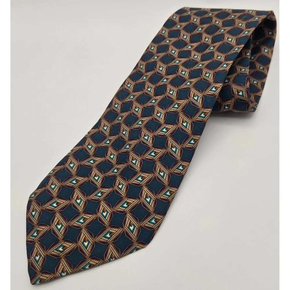 Christian‎ Dior Monsieur Necktie Men OS Teal Gold Geometric Diamond Silk Tie